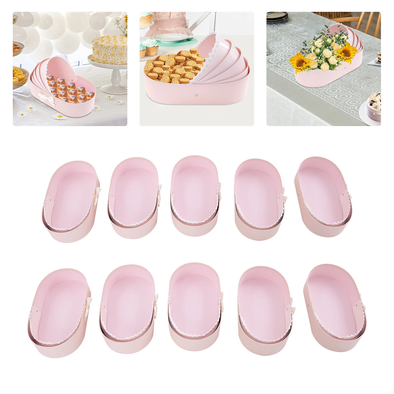 10pcs Pink Small Cradle Gift Box—33.5x17.5x8cm, Handmade Paperboard, Lace&Bow, 1.5kg Load-Bearing for Baby Showers/Weddings