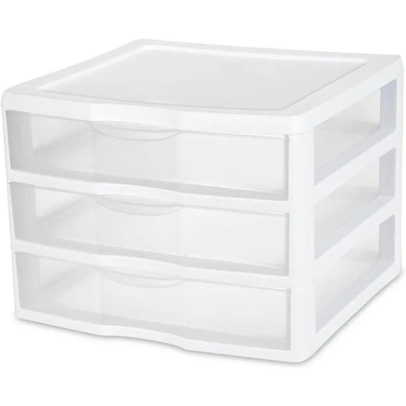 6-Pack Wide 3 Drawer Unit, Plastic Desktop Organizer With Clear Drawers, White Frame - Stackable Multi-Purpose Storage