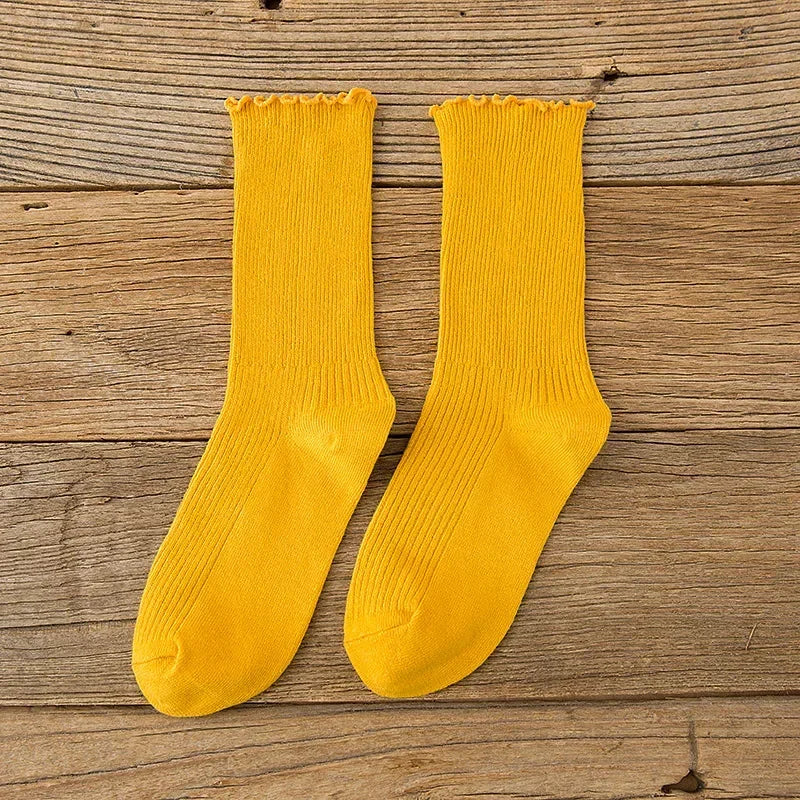 1/3/5 Pairs Women‘s Lace Trim Ruffle Socks Cotton Stacked Socks Mid Calf Solid Color Kawaii Vintage Princess Socks Spring Autumn