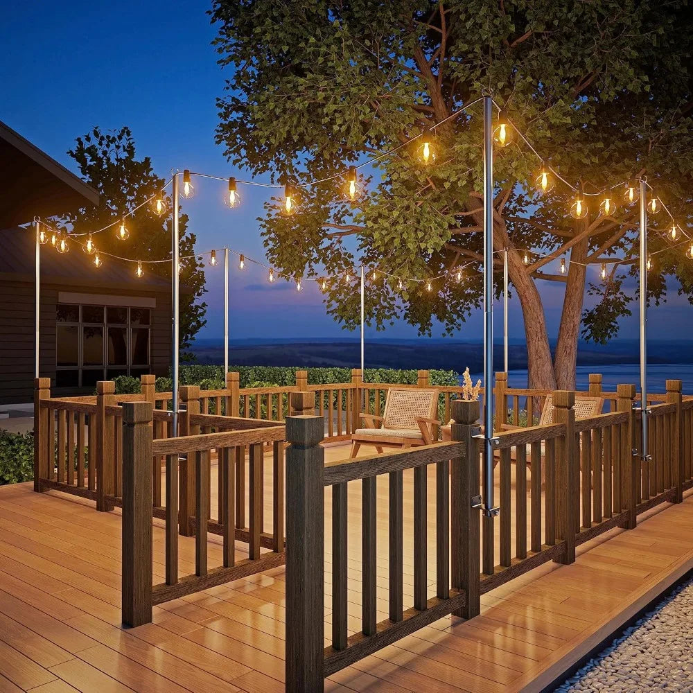 2 pack string light poles - stainless steel 6.5ft deck lights poles with 2 wall hooks for outdoor light, string lights, with ss