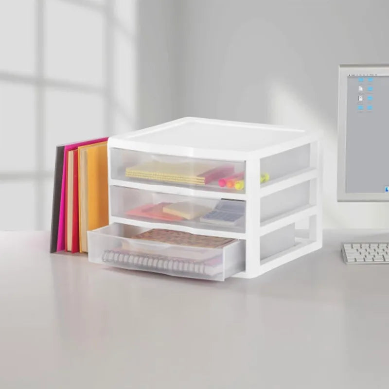 6-Pack Wide 3 Drawer Unit, Plastic Desktop Organizer With Clear Drawers, White Frame - Stackable Multi-Purpose Storage