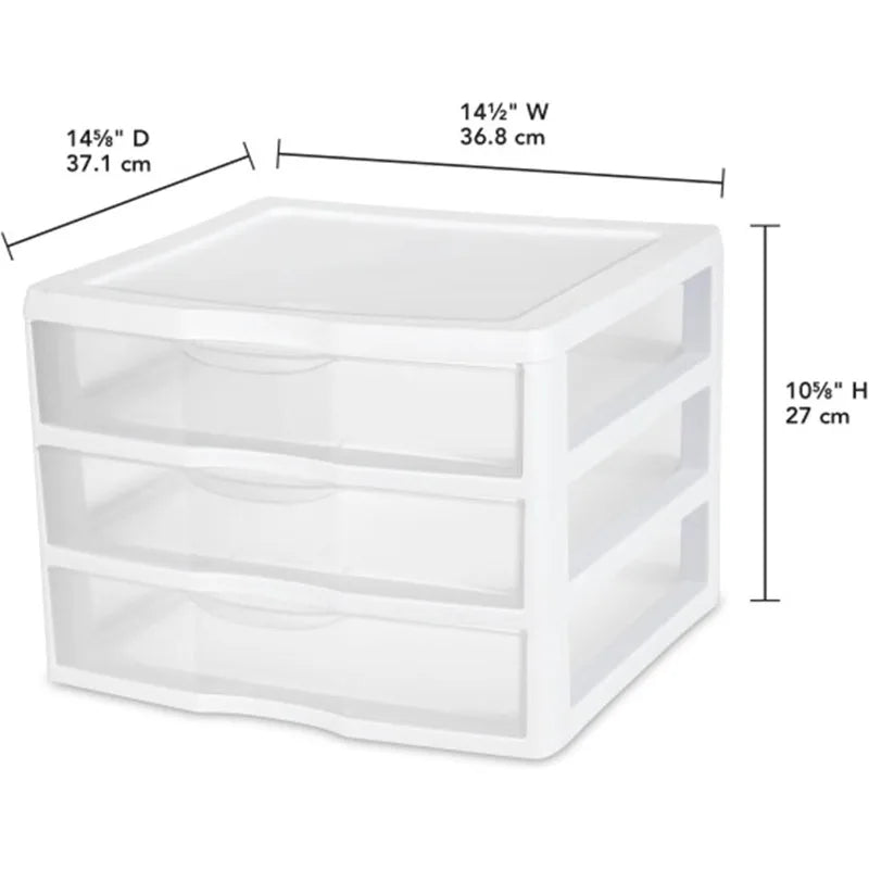 6-Pack Wide 3 Drawer Unit, Plastic Desktop Organizer With Clear Drawers, White Frame - Stackable Multi-Purpose Storage