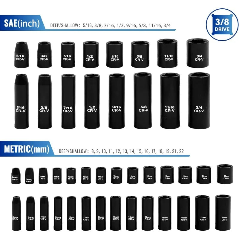 50-Piece 3/8" Drive Socket Set, SAE (5/16"-3/4") & Metric (8mm-22mm), Deep & Shallow, 72-Tooth Ratchet Wrench, Extension Bars