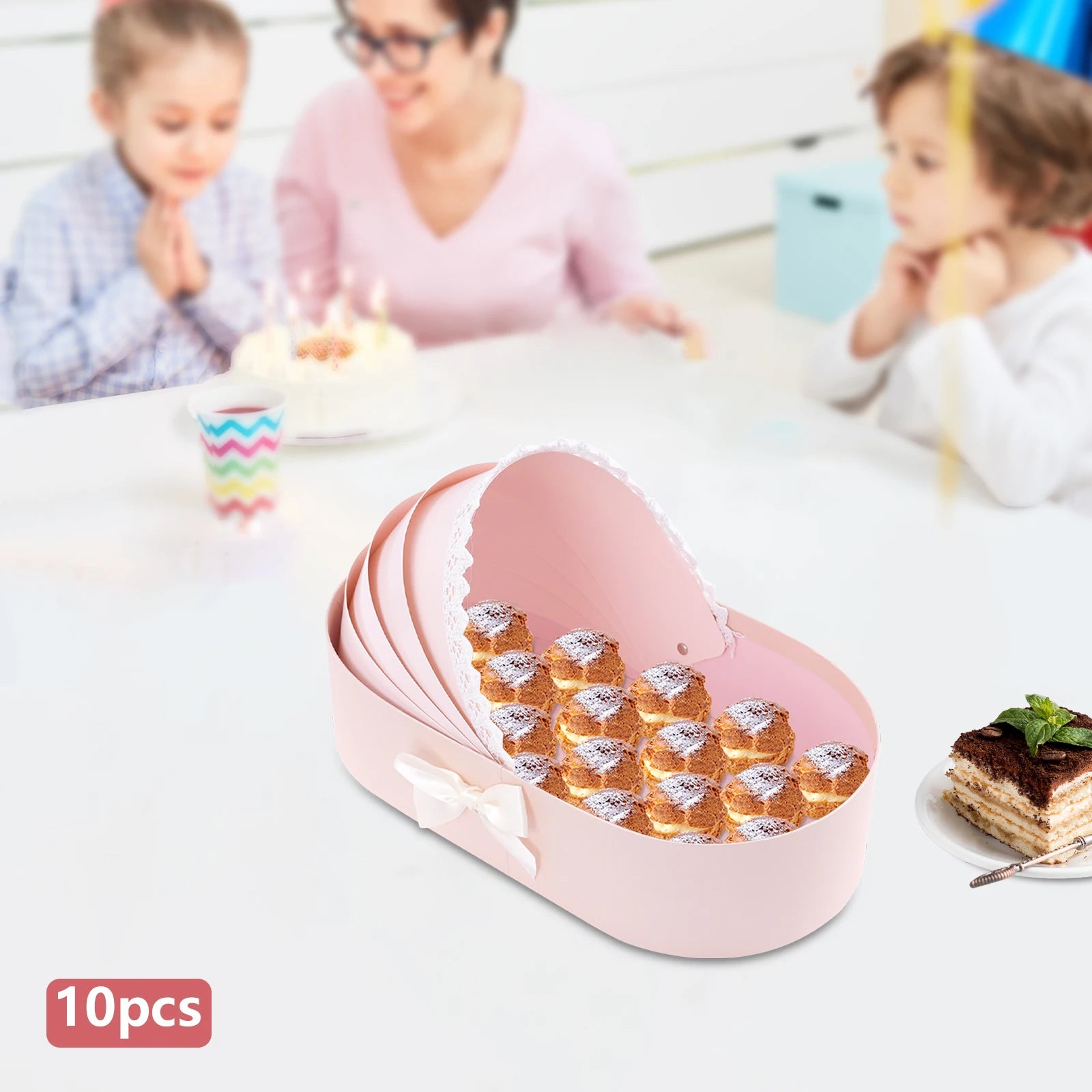 10pcs Pink Small Cradle Gift Box—33.5x17.5x8cm, Handmade Paperboard, Lace&Bow, 1.5kg Load-Bearing for Baby Showers/Weddings
