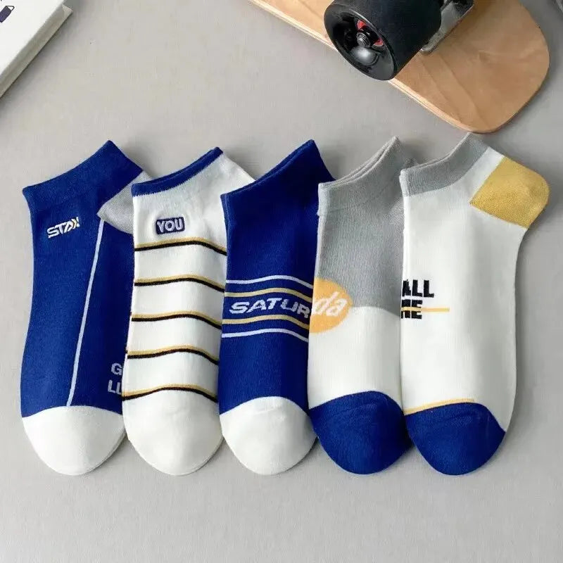 5pairs Men's Fashion Sports Socks, Striped Cotton Sweat Absorption Breathable Comfortable Ankle Socks