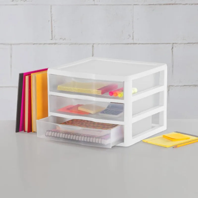 6-Pack Wide 3 Drawer Unit, Plastic Desktop Organizer With Clear Drawers, White Frame - Stackable Multi-Purpose Storage