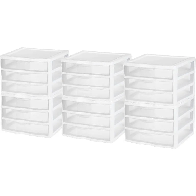 6-Pack Wide 3 Drawer Unit, Plastic Desktop Organizer With Clear Drawers, White Frame - Stackable Multi-Purpose Storage
