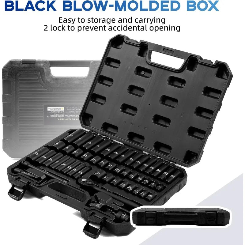 50-Piece 3/8" Drive Socket Set, SAE (5/16"-3/4") & Metric (8mm-22mm), Deep & Shallow, 72-Tooth Ratchet Wrench, Extension Bars
