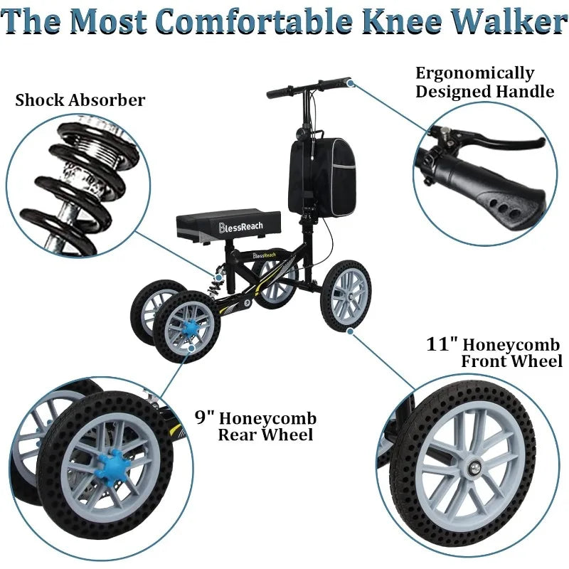 All Terrain Foldable Knee Scooter Walker, Disc Brake Knee Walker For Foot Injuries, Compact Crutches Alternative (Black)