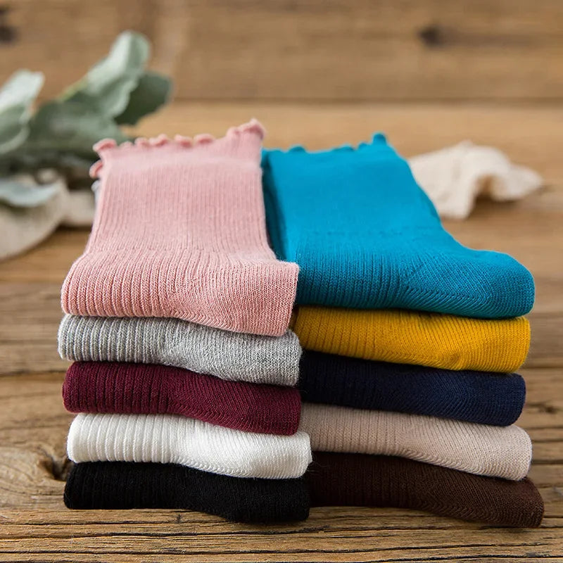 1/3/5 Pairs Women‘s Lace Trim Ruffle Socks Cotton Stacked Socks Mid Calf Solid Color Kawaii Vintage Princess Socks Spring Autumn