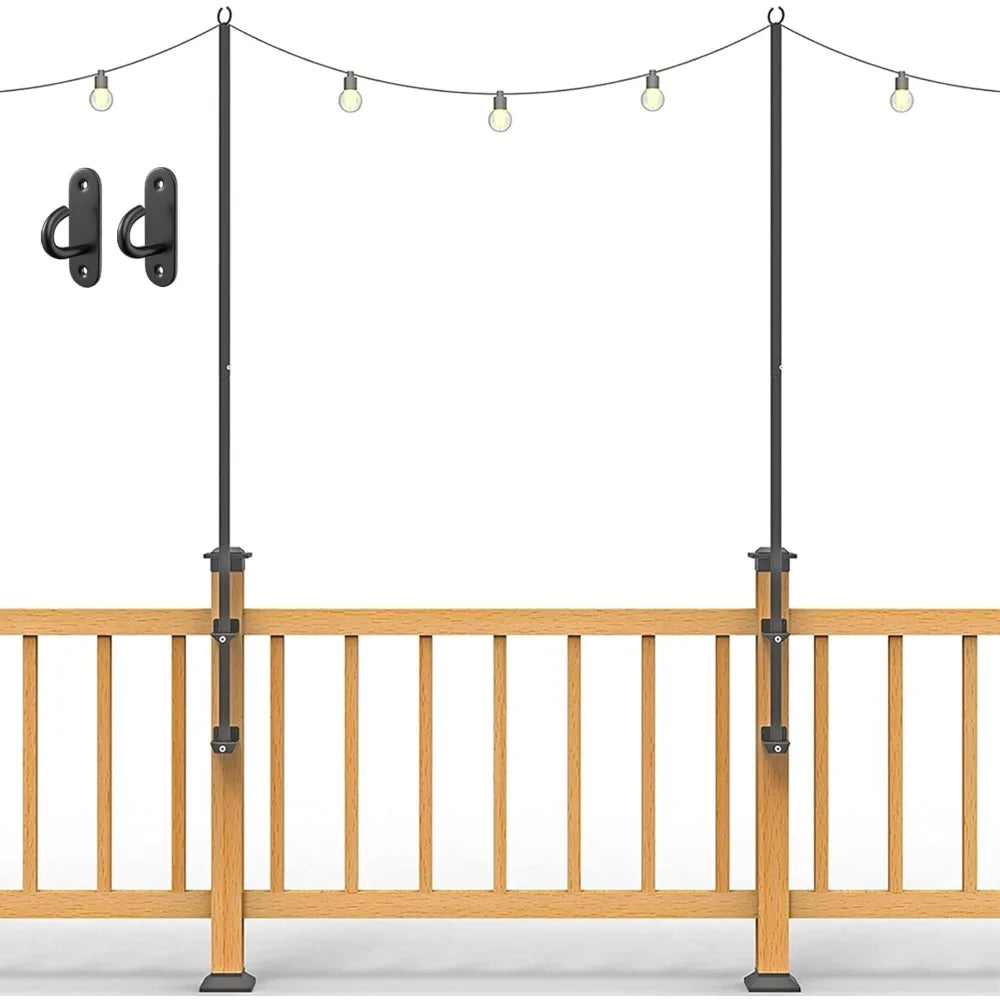 2 pack string light poles - stainless steel 6.5ft deck lights poles with 2 wall hooks for outdoor light, string lights, with ss