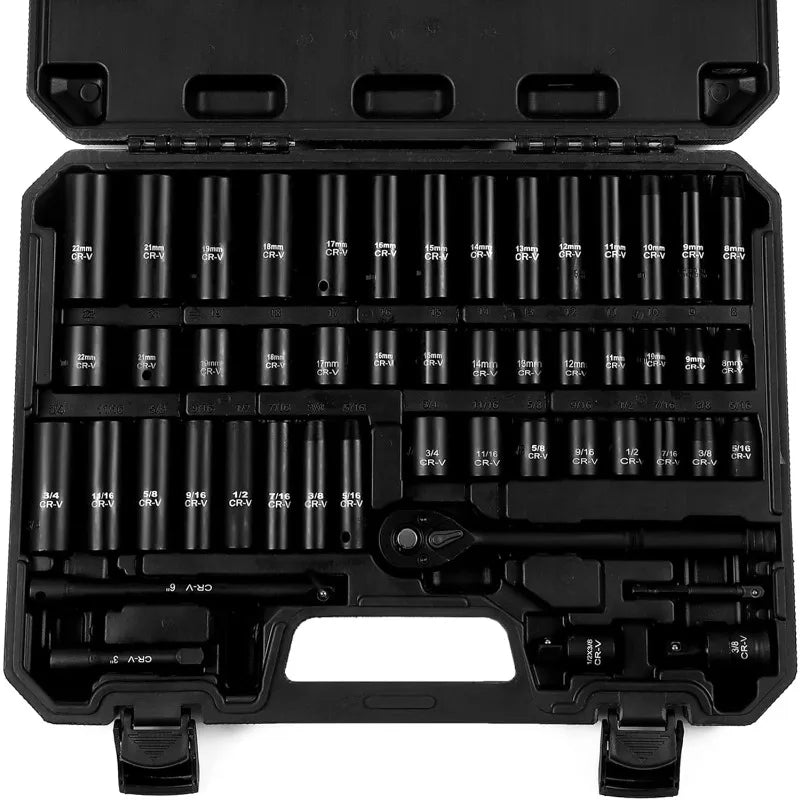 50-Piece 3/8" Drive Socket Set, SAE (5/16"-3/4") & Metric (8mm-22mm), Deep & Shallow, 72-Tooth Ratchet Wrench, Extension Bars