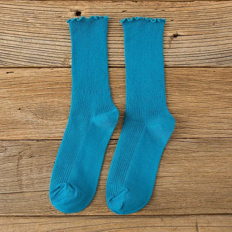 1/3/5 Pairs Women‘s Lace Trim Ruffle Socks Cotton Stacked Socks Mid Calf Solid Color Kawaii Vintage Princess Socks Spring Autumn