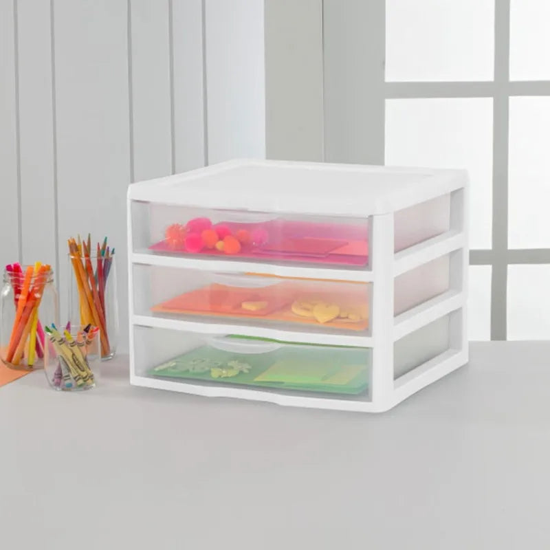 6-Pack Wide 3 Drawer Unit, Plastic Desktop Organizer With Clear Drawers, White Frame - Stackable Multi-Purpose Storage