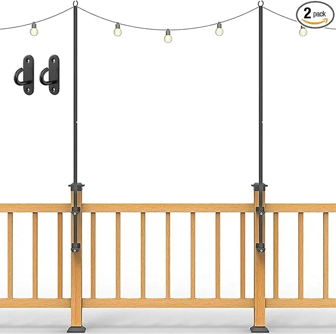 2 pack string light poles - stainless steel 6.5ft deck lights poles with 2 wall hooks for outdoor light, string lights, with ss