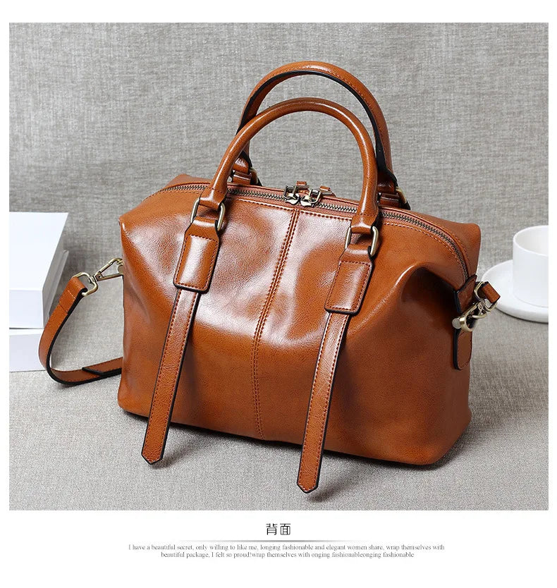 Retro Oil-Waxed Cowhide Leather Boston Bag