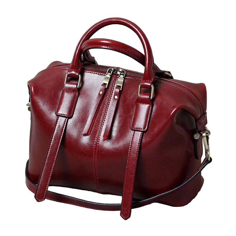 Retro Oil-Waxed Cowhide Leather Boston Bag
