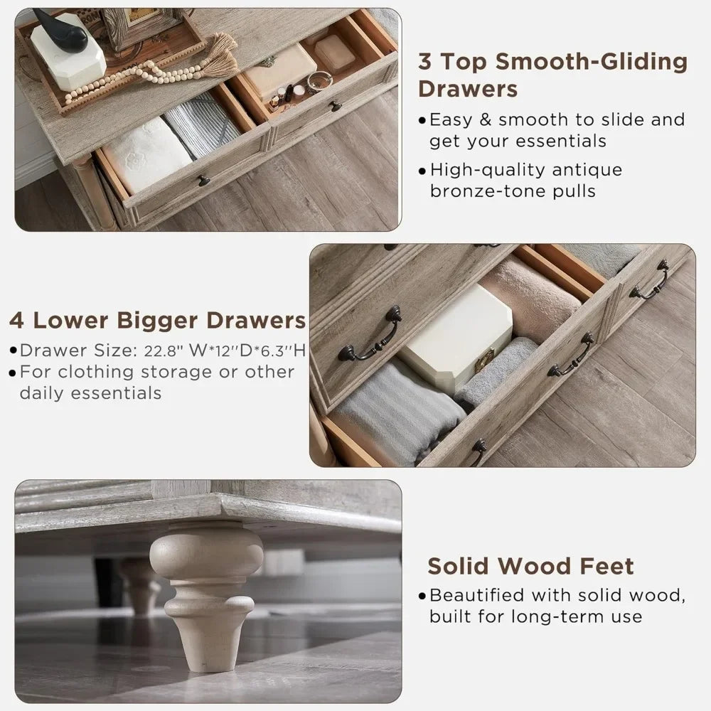 Rustic Country Style 7-Drawer Wood Dresser