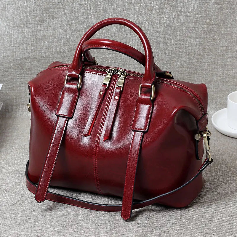 Retro Oil-Waxed Cowhide Leather Boston Bag