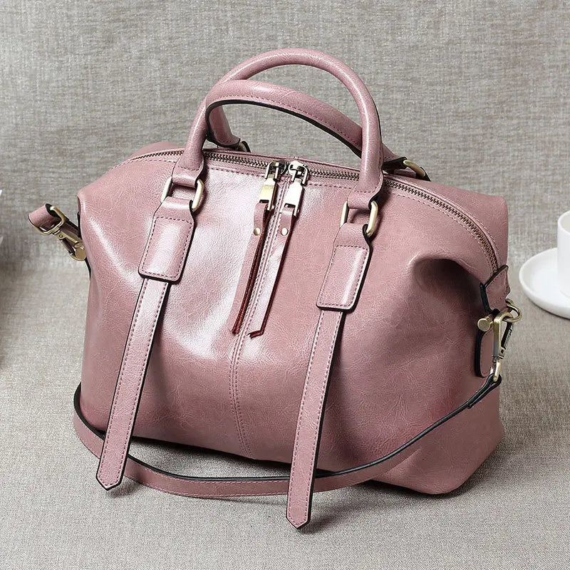 Retro Oil-Waxed Cowhide Leather Boston Bag