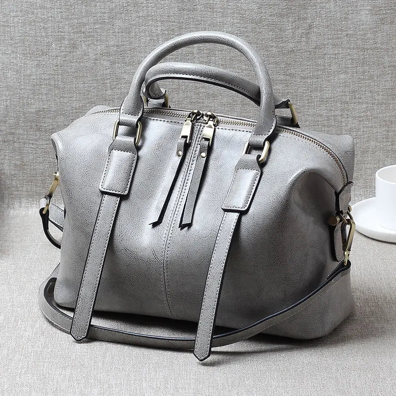 Retro Oil-Waxed Cowhide Leather Boston Bag