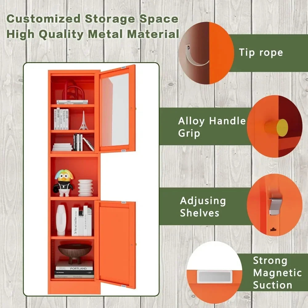 Orange Metal Storage Cabinet with Glass Door