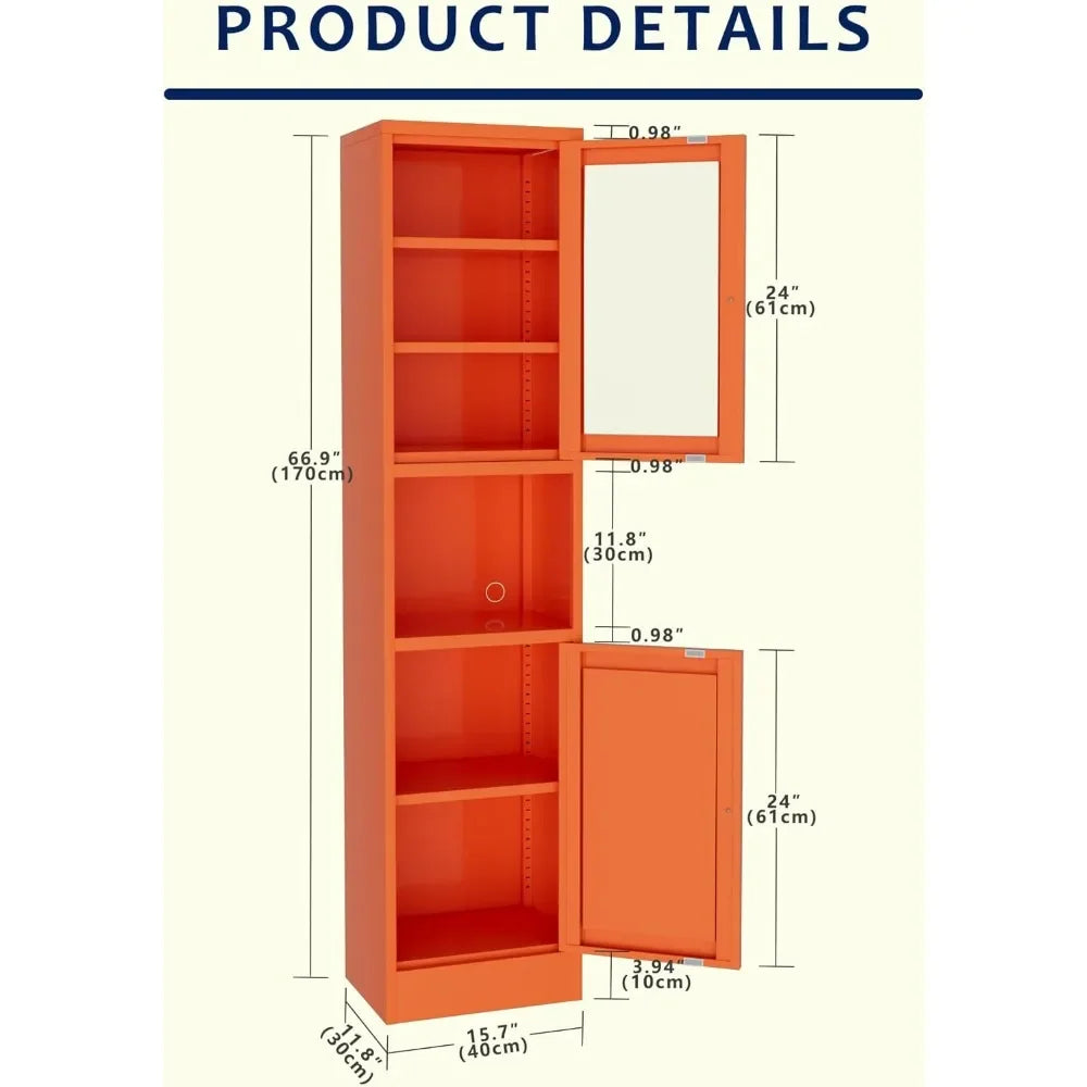 Orange Metal Storage Cabinet with Glass Door