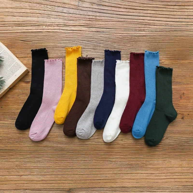 1/3/5 Pairs Women‘s Lace Trim Ruffle Socks Cotton Stacked Socks Mid Calf Solid Color Kawaii Vintage Princess Socks Spring Autumn