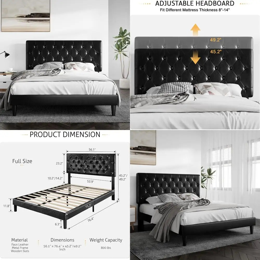 Full-Size Platform Bed Frame with Button Tufted Headboard