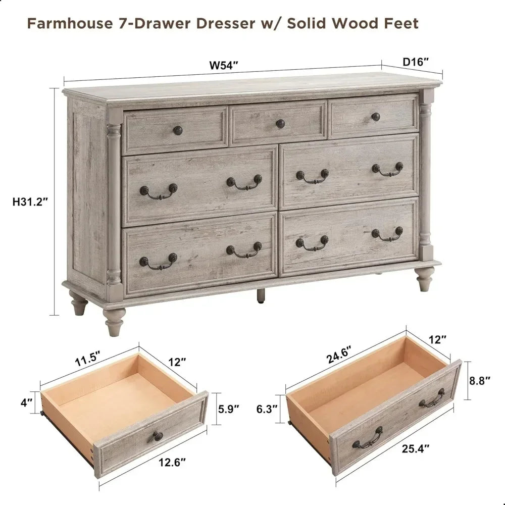 Rustic Country Style 7-Drawer Wood Dresser