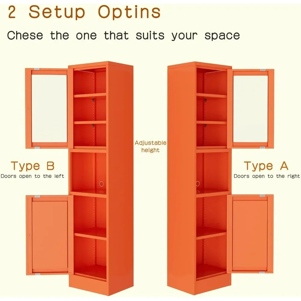 Orange Metal Storage Cabinet with Glass Door