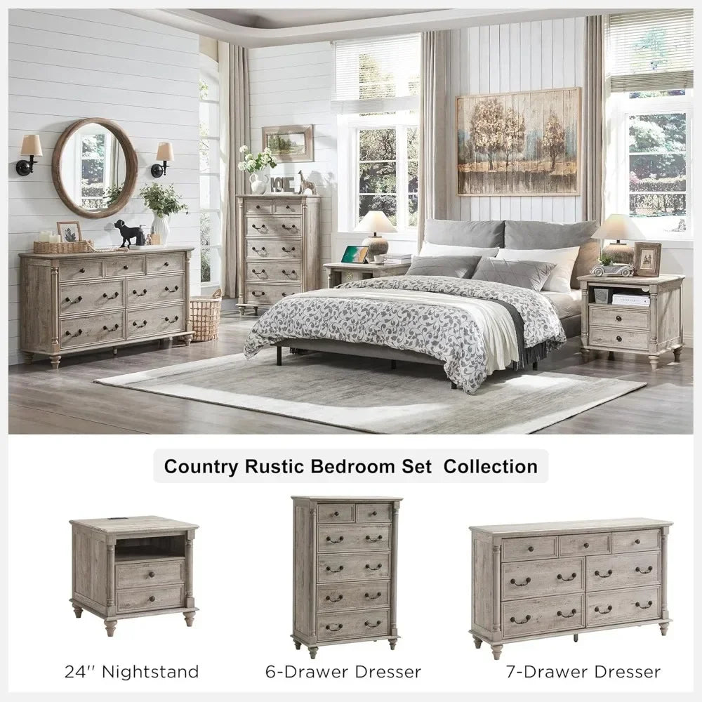 Rustic Country Style 7-Drawer Wood Dresser