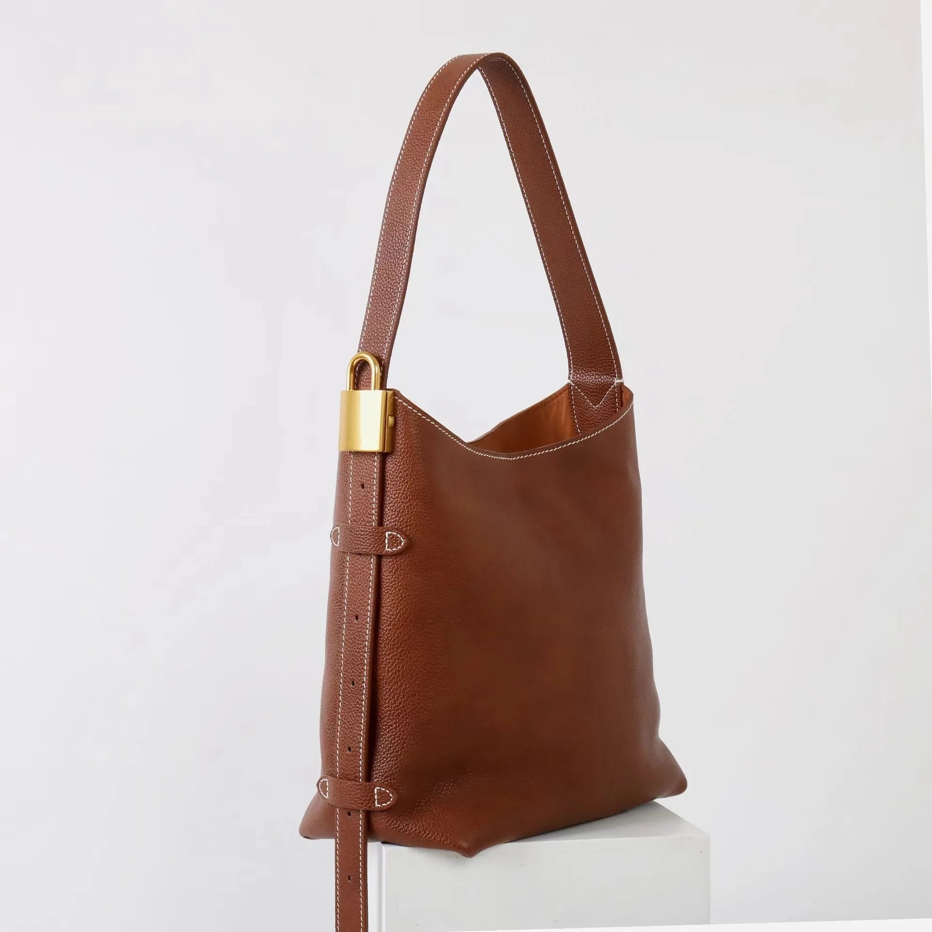Top-Grain Cowhide Buckle Bucket Bag